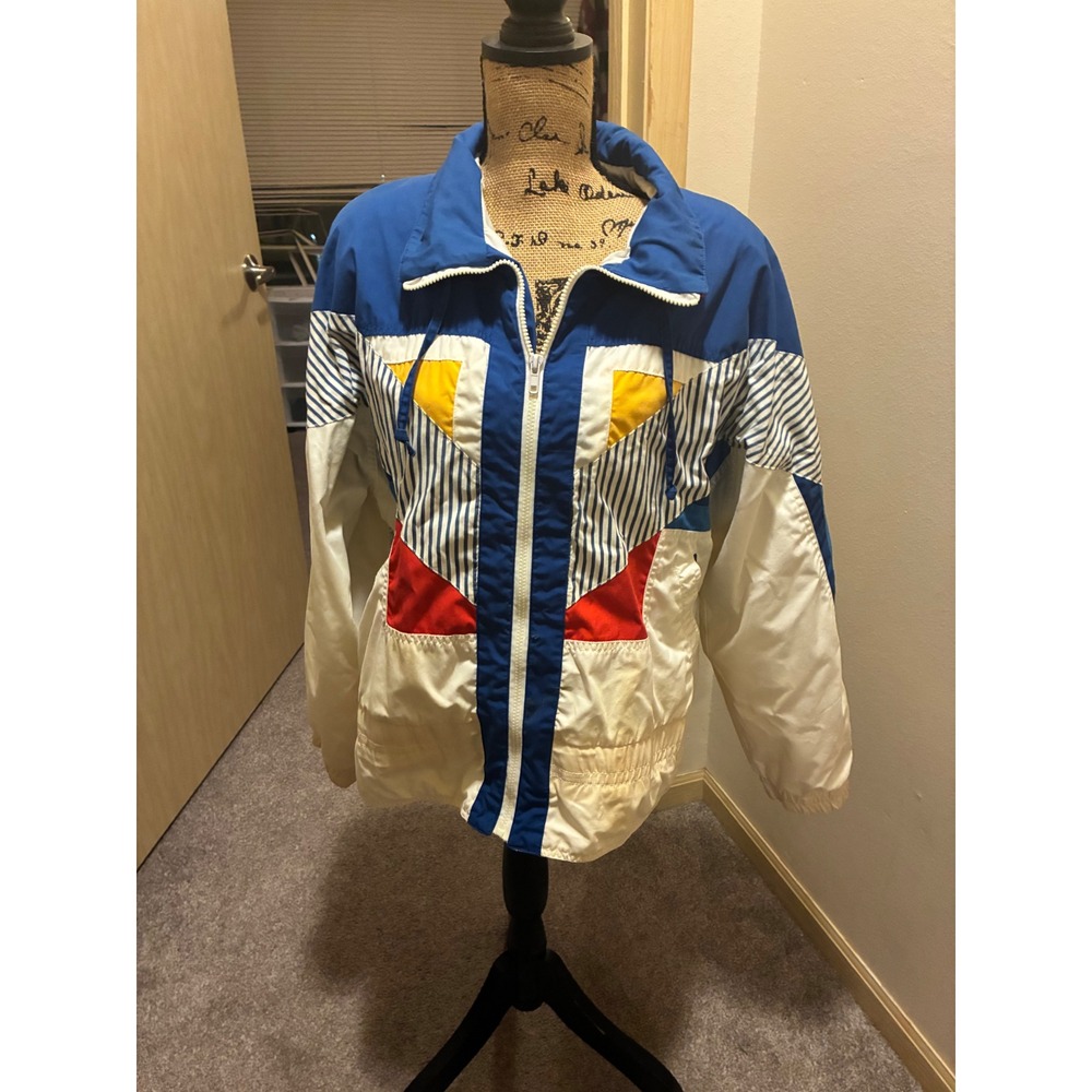 Vintage 90s Braetan Colorblock Windbreaker Jacket Large Blue Red Yellow Striped